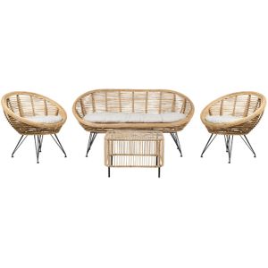 Loungeset 4 zits bank met stoel en salontafel lichtbeige kussens katoen naturel rotan medium weerstand binnen en buiten boho stijl