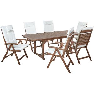 Tuinset tafel 6 stoelen donker acaciahout wit kussens opklapbaar uitschuifbaar tafelblad rustieke stijl