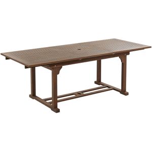 Tuinset tafel 6 stoelen donker acaciahout grijs kussens opklapbaar uitschuifbaar tafelblad rustieke stijl