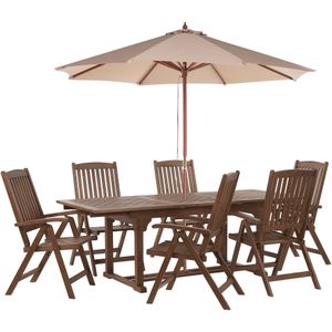 Tuinset tafel 6 stoelen zandbeige donker acaciahout opklapbaar uitschuifbaar tafelblad rustieke stijl parasol