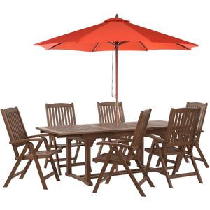 Tuinset tafel 6 stoelen rood donker acaciahout opklapbaar uitschuifbaar tafelblad rustieke stijl parasol