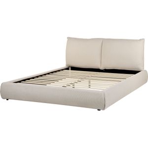 Tweepersoonsbed beige polyester 160 x 200 cm lattenbodem dik gewatteerd hoofdbord voetenbord moderne stijl