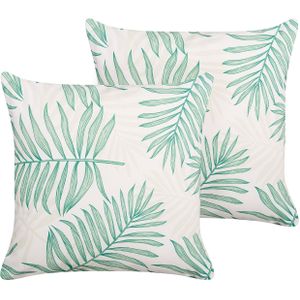 Set van 2 buiten kussens beige groen polyester 45 x 45 cm palmblad patroon sierkussen tuin terras