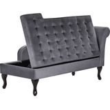 Chaise longue donkergrijs fluweel getuft zwarte poten opbergruimte rechtszijdig modern glamour retro ontwerp