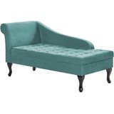 Chaise longue groenblauw fluweel getuft zwarte poten opbergruimte linkszijdig modern glamour retro ontwerp