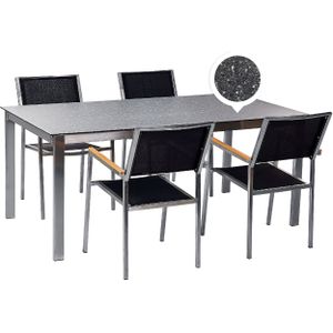 Tuinset zwart graniet effect tafelblad glas roestvrij staal frame met 4 stoelen van textiel modern buiten