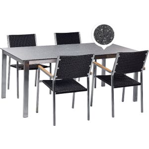 Tuinset zwart graniet effect tafelblad glas roestvrij staal frame met 4 stoelen van rotan modern buiten