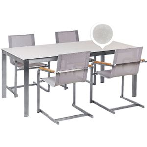 Tuinset wit beige graniet effect tafelblad glas roestvrij staal frame met 4 stoelen van textiel modern buiten