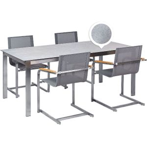 Tuinset grijs graniet effect tafelblad glas roestvrij staal frame met 4 stoelen van textiel modern buiten