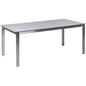 Tuinset grijs graniet effect tafelblad glas roestvrij staal frame met 6 stoelen van textiel modern buiten