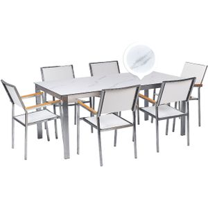 Tuinset wit marmer effect graniet effect tafelblad glas roestvrij staal frame met 6 stoelen van textiel modern buiten