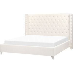 Gestoffeerd bed gebroken wit lattenbodem 180 x 200 cm hoog hoofdbord glamour retro modern