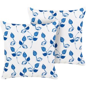 Set van 2 tuinkussens blauw met wit polyester bladpatroon modern 45 x 45 cm modern buiten decoratie