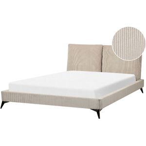 Gestoffeerd bed taupe 160 x 200 cm tweepersoonsbed corduroy stof ribstof met lattenbodem elegant modern