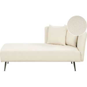 Chaise longue wit rechts bouclé stoffen bekleding met decoratieve kussens metalen poten modern ontwerp woonkamer