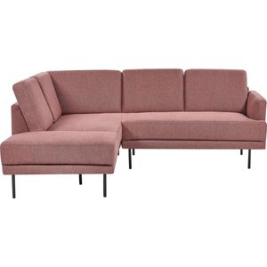 Hoekbank polyester bruin roze 4-zits bank gestoffeerd metalen poten geweven stof minimalistisch modern