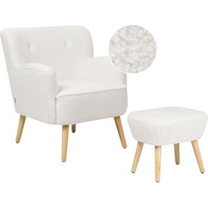 Fauteuil wit stoffen bekleding met voetenbank houten poten effen patroon retro boho woonkamer