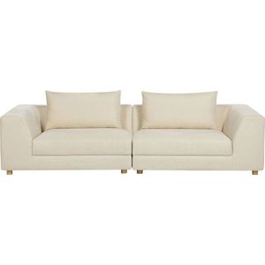 Bank gestoffeerd polyester beige sofa 3-zits kussen armleuningen woonkamer modern comfortabel knus