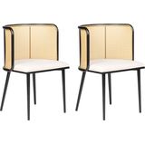 Set van 2 eetkamerstoelen lichtbruin metalen frame beige stoffen zitting Weens gevlochten rugleuning retro