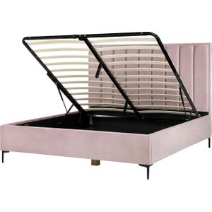 Bed frame roze fluweel tweepersoons 180 x 200 cm met opbergruimte gewatteerd hoofdbord metalen poten