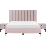 Slaapkamer set roze fluweel tweepersoonsbed 180 x 200 cm met opbergruimte 2 nachtkastjes gestoffeerd