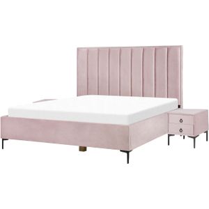 Slaapkamer set roze fluweel tweepersoonsbed 180 x 200 cm met opbergruimte 2 nachtkastjes gestoffeerd