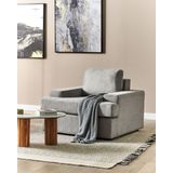 Fauteuil lichtgrijs stof gestoffeerd polyester kussens rugkussens klassieke stijl woonkamer bank zetel