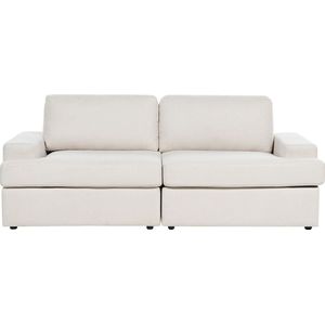 Bank lichtbeige gestoffeerd driezitsbank kussens dik gewatteerd rugleuning klassiek woonkamer sofa