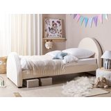 Bed beige fluweel gestoffeerd frame hoofdsteun 90 x 200 EU eenpersoonsmaat slaapkamer kinderkamer modern traditioneel