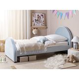 Bed blauw fluweel gestoffeerd frame hoofdsteun 90 x 200 EU eenpersoonsmaat slaapkamer kinderkamer modern traditioneel