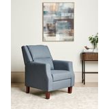 Relaxfauteuil blauw stoffen bekleding push-back handmatig verstelbare rugleuning en voetensteun retro design fauteuil