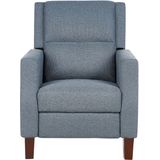 Relaxfauteuil blauw stoffen bekleding push-back handmatig verstelbare rugleuning en voetensteun retro design fauteuil