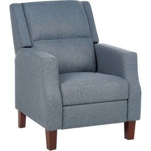 Relaxfauteuil blauw stoffen bekleding push-back handmatig verstelbare rugleuning en voetensteun retro design fauteuil