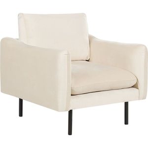 Fauteuil lichtbeige fluweel stof zwarte poten moderne retro stijl