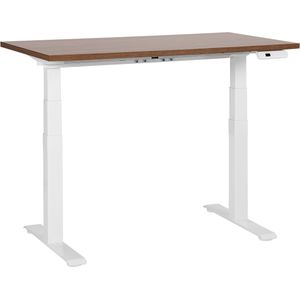 Elektrisch verstelbaar bureau donkerbruin tafelblad wit stalen frame 120 x 72 cm zit en stabureau vierkante poten modern ontwerp