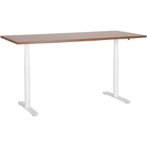Elektrisch verstelbaar bureau donkerhout tafelblad wit stalen frame 180 x 80 cm zit en sta-bureau ronde poten modern ontwerp