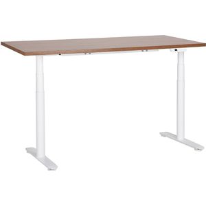 Elektrisch verstelbaar bureau donkerhout tafelblad wit stalen frame 160 x 72 cm zit en sta-bureau ronde poten modern ontwerp
