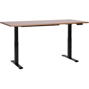 Elektrisch verstelbaar bureau donkerhout tafelblad zwart stalen frame 160 x 72 cm zit en sta-bureau vierkante poten modern ontwerp