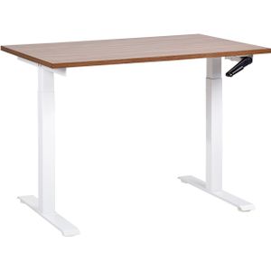 Handmatig verstelbaar bureau donker hout tafelblad wit stalen frame 120 x 72 cm zit en stabureau vierkante poten modern design kantoor