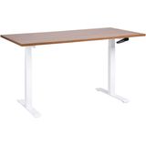Handmatig verstelbaar bureau donkerbruin tafelblad wit stalen frame 160 x 72 cm zit en stabureau vierkante poten modern design kantoor