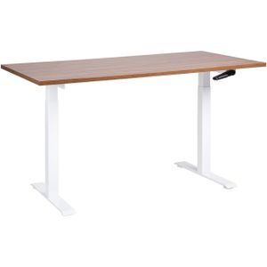 Handmatig verstelbaar bureau donkerbruin tafelblad wit stalen frame 160 x 72 cm zit en stabureau vierkante poten modern design kantoor