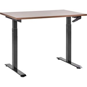 Handmatig verstelbaar bureau donker hout tafelblad zwart stalen frame 120 x 72 cm zit en stabureau vierkante poten modern design kantoor