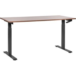 Handmatig verstelbaar bureau donkerbruin tafelblad zwart stalen frame 160 x 72 cm zit en stabureau vierkante poten modern design kantoor