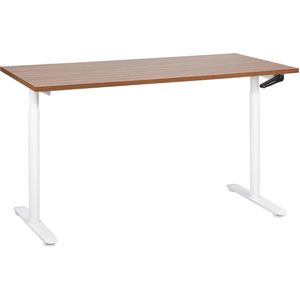 Handmatig verstelbaar bureau donkerbruin tafelblad wit stalen frame 160 x 72 cm zit en stabureau ronde poten modern ontwerp kantoor