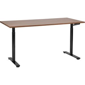 Handmatig verstelbaar bureau donkerbruin tafelblad zwart stalen frame 160 x 72 cm zit en stabureau ronde poten modern ontwerp kantoor