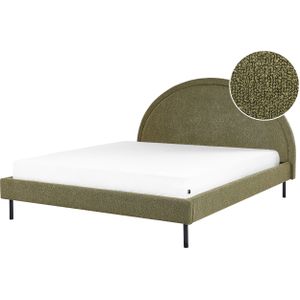 Bed olijfgroen bouclé polyester tweepersoonsbed 160 x 200 cm lattenbodem halfrond hoofdbord minimalistisch retro slaapkamer