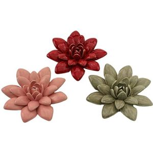 Hoogwaardige porseleinen bloem, porselein - lotusbloesem, keramische bloemen, decoratieve bloemen als set van 3 in roze, rood en grijs, afmetingen per bloem 14 x 14 x 5 cm