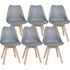 CLP Ramsey Set van 6 eetkamerstoelen - Houten frame - Kunststof zitschaal met kunstlederen bekleding - grijs