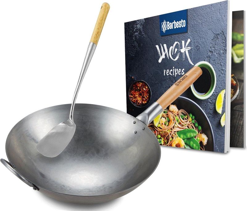 CLP Wokpan - Inductie - Voor gas - Grill - Met houten steel - Receptenboek - Platte of ronde bodem - rond
