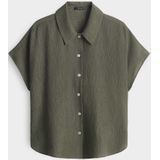 Opus - Blouse - Donkergroen - Korte Aangesneden Mouwen - Elegante Kreukstructuur